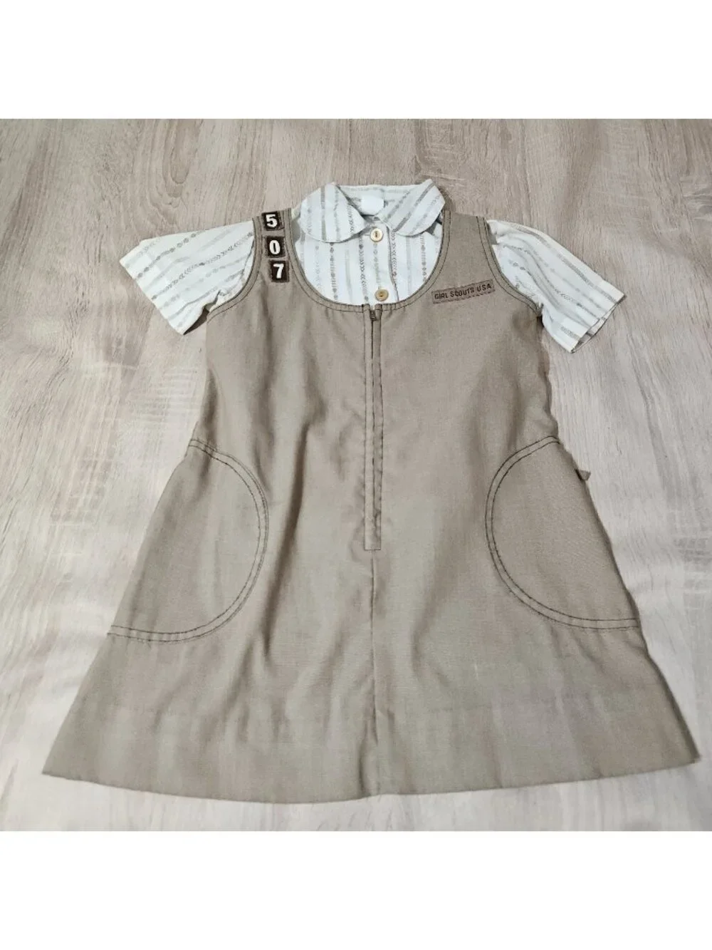 Vintage 1970s Girl Scouts Brownie USA Dress & Blouse Uniform Child Sz 7 Brown